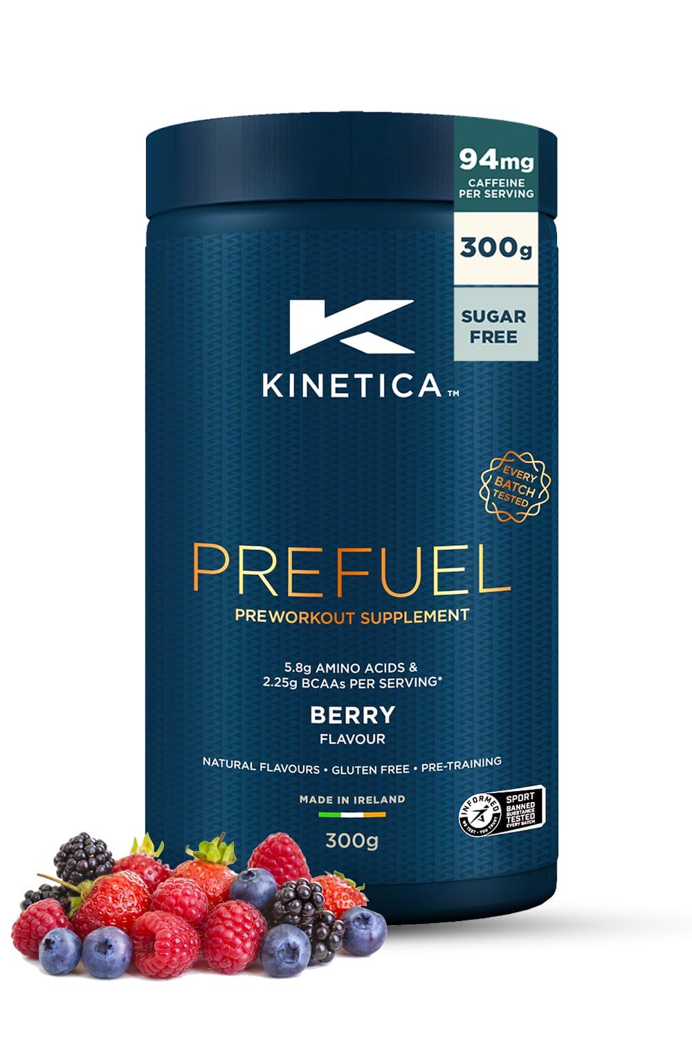 Kinetica Sports Prefuel Pre Workout -Berry Flavour | 5.8g Amino Acids Blend, 2.25g BCAA's & 94mg Caffeine/Serve, 30 Servings/300g| With Essential Vitamins, Minerals|Supports Performance & Energy Boost