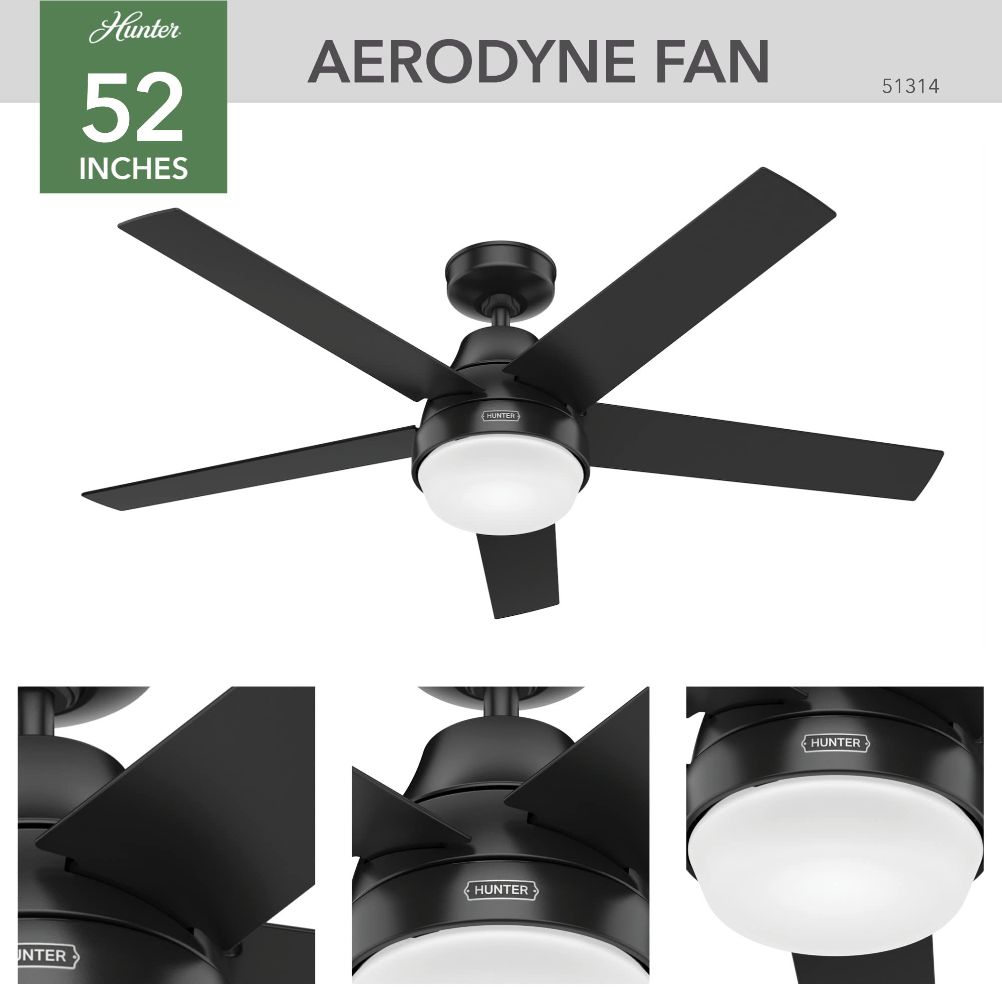 Hunter 51314 Aerodyne Ceiling Fan 52 inches Matte Black - View 4