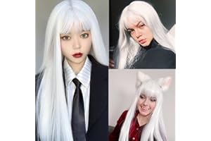 Tseses White Straight Long Wigs for Women with Flat Bangs Synthetic Hair Natural Looking Halloween Cosplay Daily Wig with Wig Cap