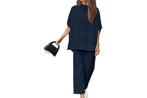 SeeLuNa Women's Two Piece Outfits 3/4 Batwing Sleeve Capelet Crew Neck Pullover Top Wide Leg Pants Lounge Set