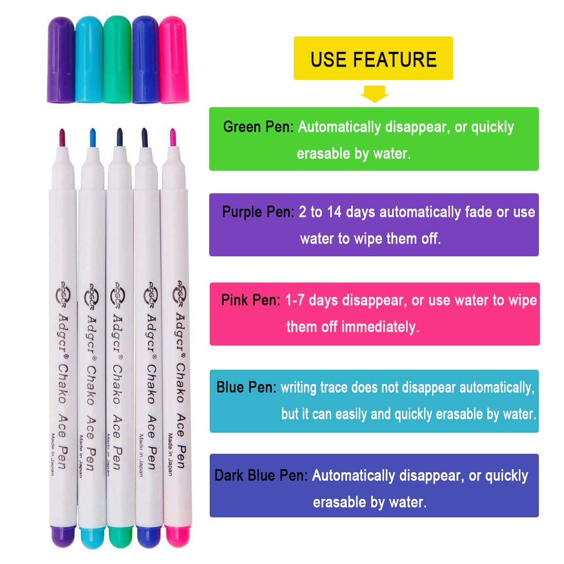 YsesoAi 15-Count 5 Color Disappearing Erasable Ink Fabric Marker Pen for Tailor's Chalk Gel pens Sewing Tools (3Pcs Each Color)