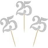 Donoter 50pcs 25th Cupcake Toppers Silver Glitter Number 25 Cake Picks for Birthday Wedding Anniversary Party Decorations