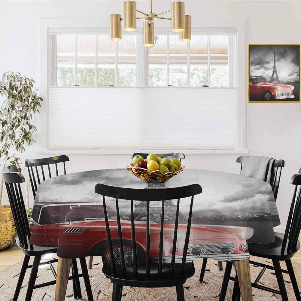 shirlyhome Paris Kitchen Tablecloth Fancy Vintage Car with Tour Eiffel in Cold Cloudy Day Romantic Theme Retro Style Art Great for Party Picnic Grey Red (Diameter 54")
