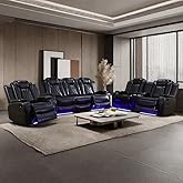 AYCP Furniture Power Recliner Set with LED Lights, Air Leather Reclining Set with USB Port/Wireless Charger/Storage Console/Cup Holder for House/HomeTheater/Apt (Black, Sofa Loveseat Chair)