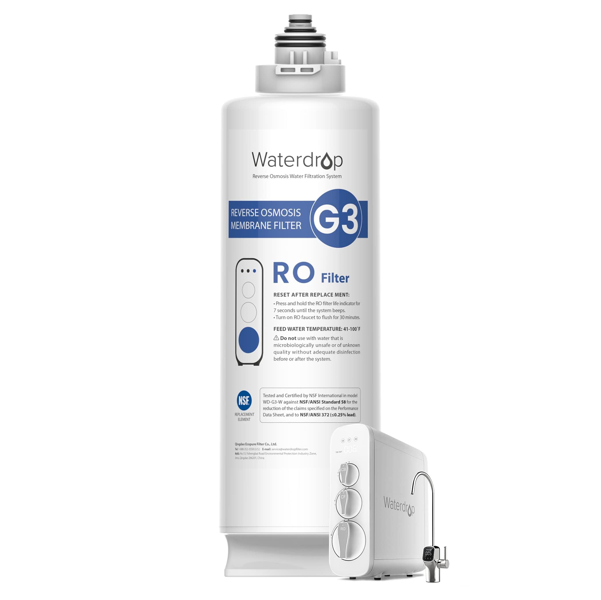 Waterdrop WD-G3-N2RO Filter, 2-Year Lifetime, Replacement for WD-G3-W Reverse Osmosis System (Package May Vary)