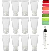12 Pack 30ml/1oz Travel Bottles, Clear Flip Cap Squeeze Tubes, Refillable Empty Toiletry Containers with Label Stickers &amp; Filling Tool for Shampoo, Body Wash, Facial Cleanser