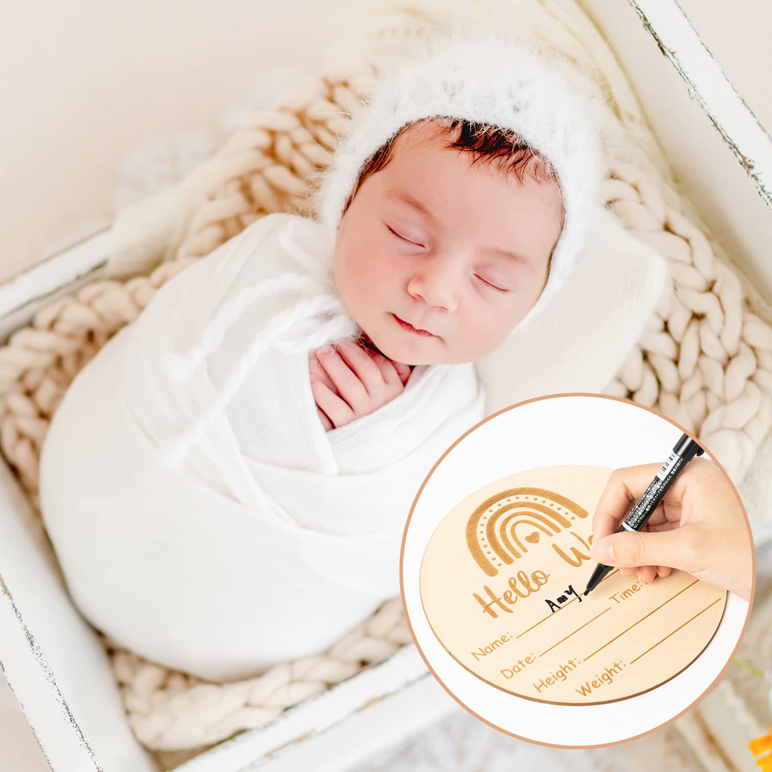 R HORSE Baby Birth Announcement Sign with Marker Pen, Boho Rainbow Baby Name Sign with Ink Pad for Hand and Footprints, Wooden Hello World Newborn Announcement Nursery Decor Keepsake Gifts