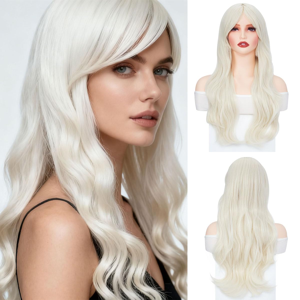 Yamel Platinum Blonde Wig Long Natural Wavy 28 Inches Glueless Halloween Party Wig Heat Resistant Synthetic Hair Wigs for Women