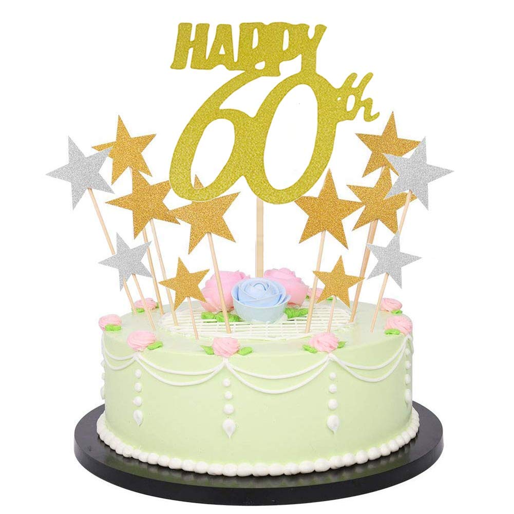 Dusenly Glitter Letters Happy Birthday Cake Topper Decorations,Golden Numbers Birthday Happy Cake Topper and Glitter Gold Silver Star Cake Cupcake Topper (Pack of 41) 18-80th (60th/Star)