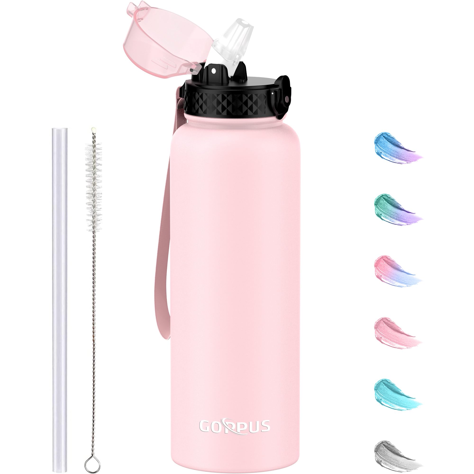 GOPPUS 1.2L/40oz Stainless Water Bottle with Straw Double Wall Insulated Bottles with Strap Large Vacuum Thermal Flask Leakproof Keep Cold Drinks Bottles with Flip Top Lid for Men Women BPA Free — image 1