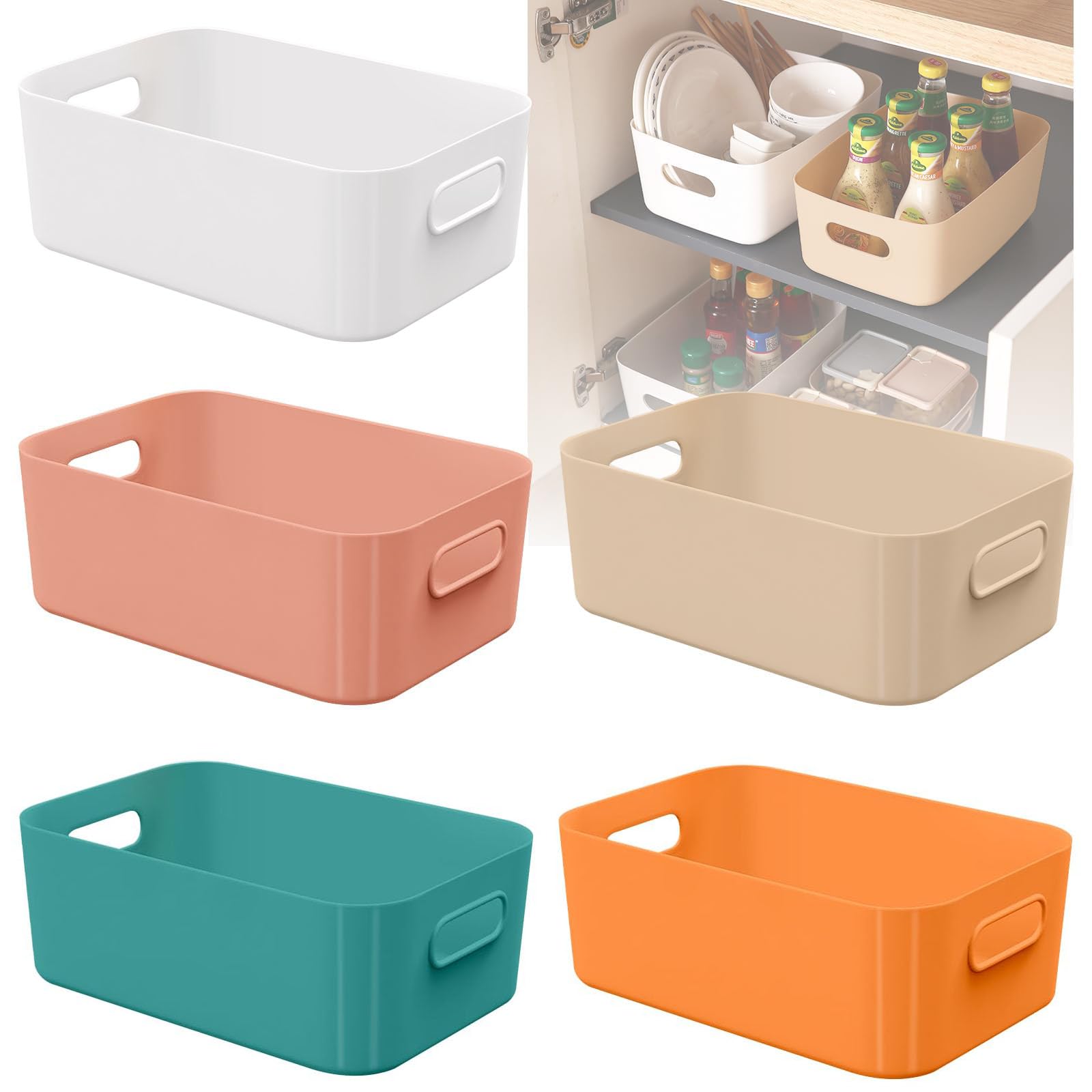 W&H 5 PCS Plastic Storage Boxes, Small Storage Baskets with Handle, Kitchen Cupboard Organiser, Plastic Baskets for Bathroom, Drawer, Shelves - 21×14×7cm (Colorful) — image 1