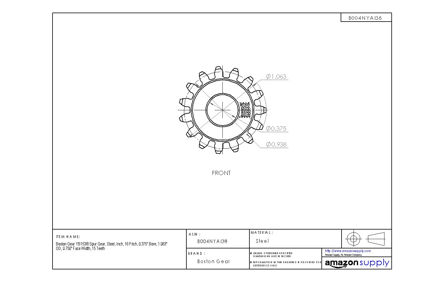 Gears 0.750 Face Width 0.625 Bore 1.625 OD Steel Boston Gear YB24 Spur Gear 16 Pitch Inch 24