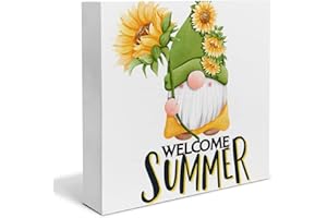 HEIJIE Welcome Summer Gnome Wood Box Sign Desk Decor Rustic Sunflower Gnomes Wood Block Sign Decor for Home Shelf Wall
