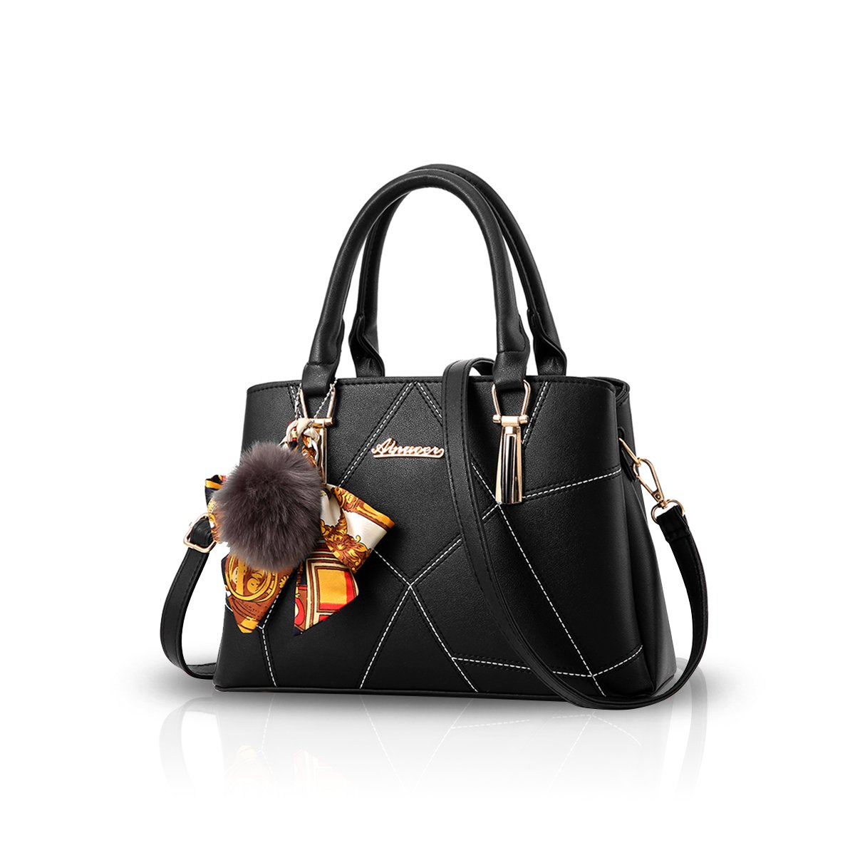 NICOLE&DORIS Women Fashion Shoulder Bag Crossbody Shoulder Bag Satchel Shopping Bag Faux Leather, Black, L, Black, L