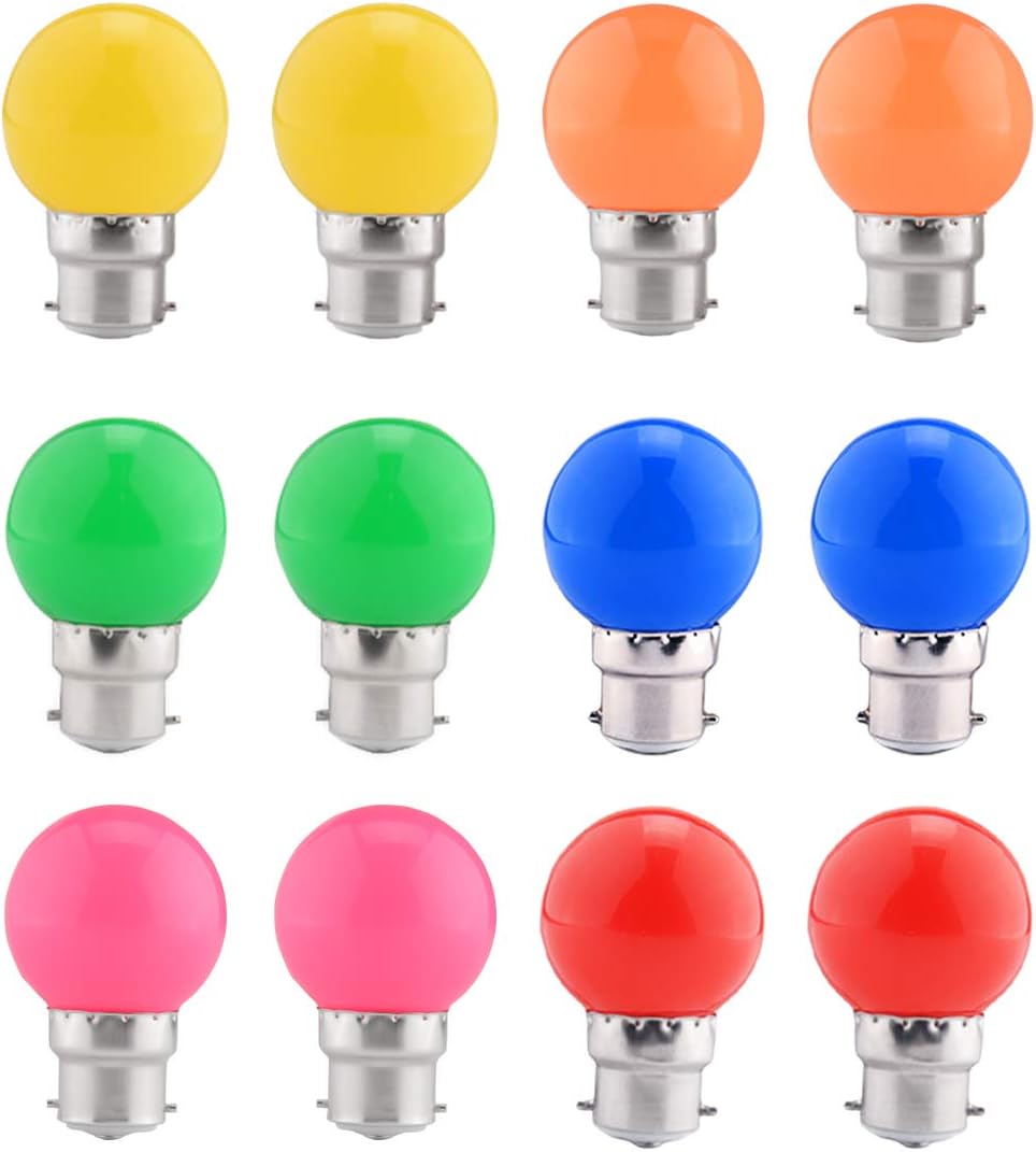 LED Colour Light Bulb B22, 1.5W Festoon Lights Equivalent to 15W 18W 20W Light Bulb, 12 Pack Coloured Lights