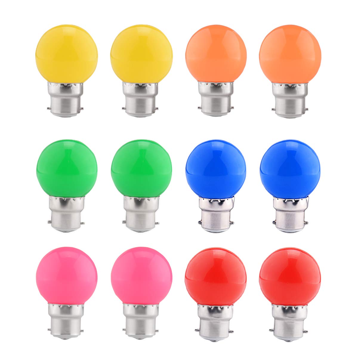 LED Colour Light Bulb B22, 1.5W Festoon Lights Equivalent to 15W 18W 20W Light Bulb, 12 Pack Coloured Lights, Mixed Colours Red Green Blue Orange Yellow Pink