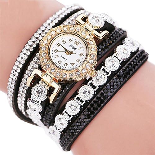 JINSHUN Women Fashion Analog Quartz Rhinestone Watch Bracelet Watch Valentines Gift (Black)