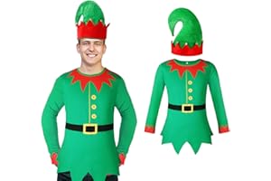 Yaomiao Men's Elf Print Shirt Christmas Long Sleeve Shirt with Elf Felt Hat Costume for Xmas Holiday Party