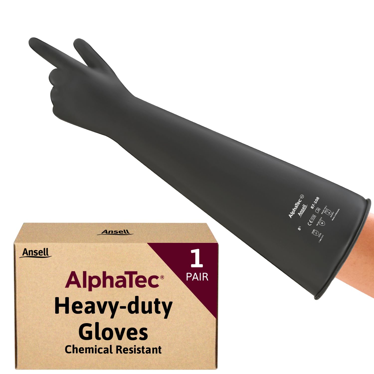 Ansell AlphaTec 87-108 Chemical Resistant Gloves in Latex with Long Cuff (61cm/24in), Heavy Duty Protection against Acids and Solvents, Reusable Rubber Latex Gloves, Black, Size M (1 Pair)