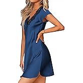 Ekouaer Women's Satin Nightgown Sleepwear Lace V Neck Side Slits Nightie Short Sleeves Nightshirt