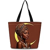ZhuVantrix African American Tote Bag Reusable Grocery Bags Aesthetic Shopping Shoulder Handbag with Interior Zipper Pocket Stylish Brown Moon Present for Women