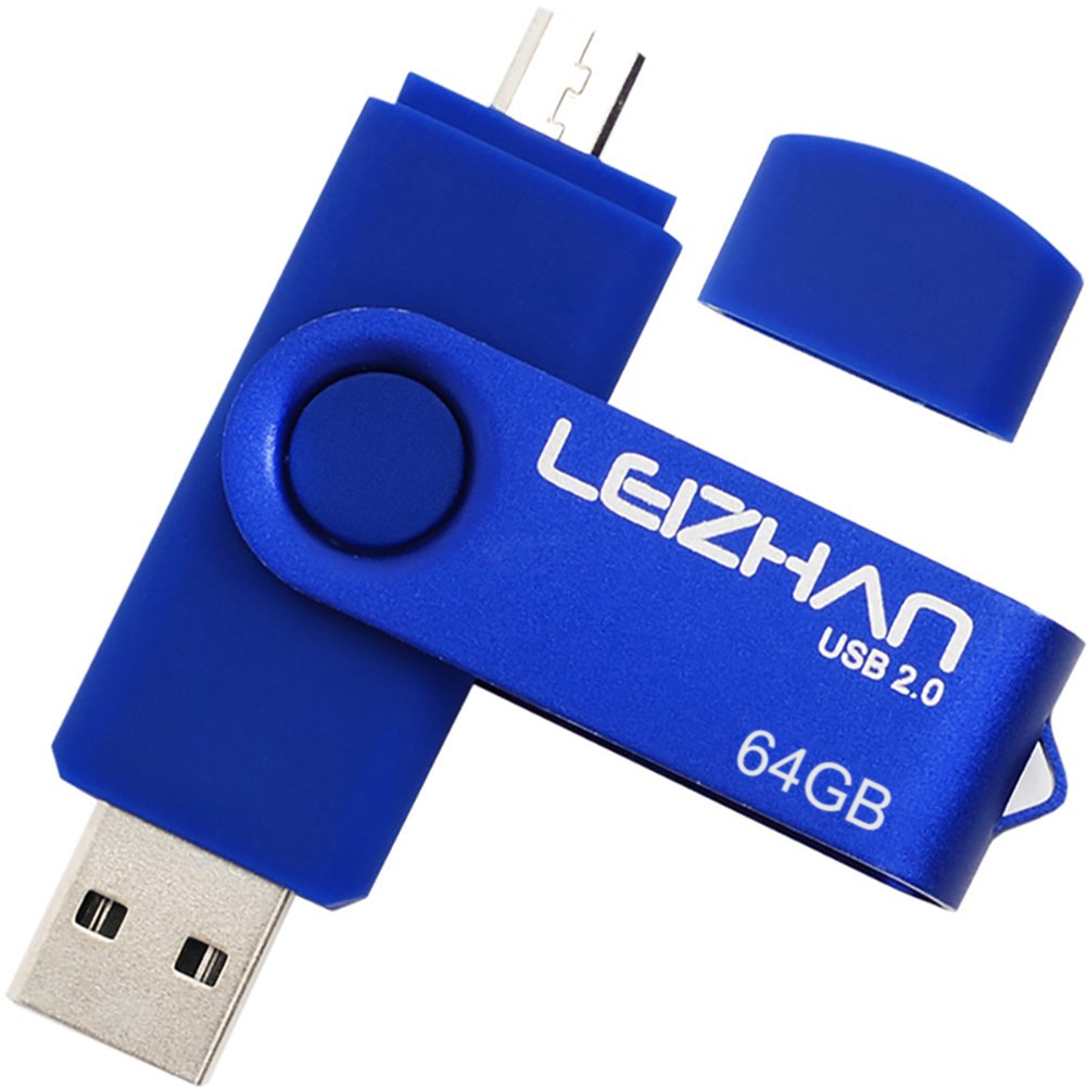 LEIZHAN 64GB OTG (On the Go) USB Flash Drive 2.0 Dual Port (USB and Micro USB) Memory Stick Swivel Flash Disk For Android Smartphone Tablet & PC Blue