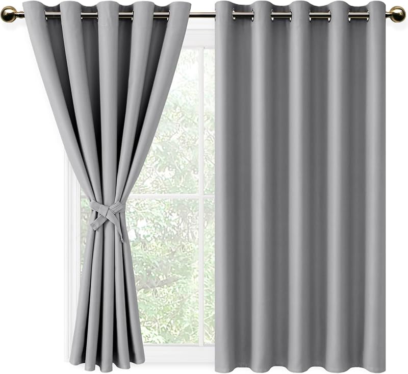 DWCN Silver Grey Blackout Curtains 2 Panels 66x54 Eyelet Tiebacks Thermal