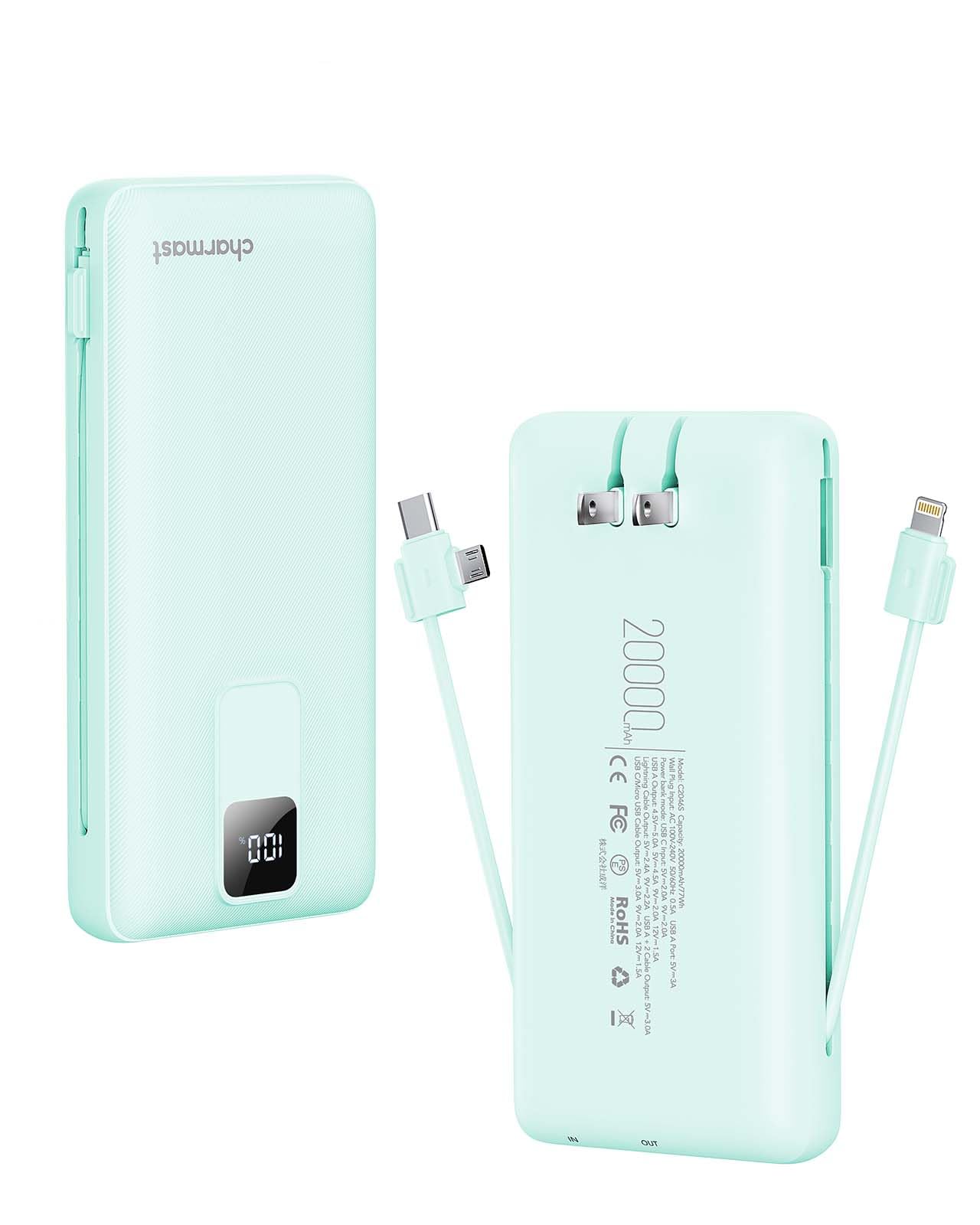 charmast Portable Charger with Built-in Cables and Wall Plug, 20000mAh 20W USB C Power Bank Fast Charging Battery Pack Compatible with iPhone iPhone 16/15/14/13 Series, Samsung Google iPad etc