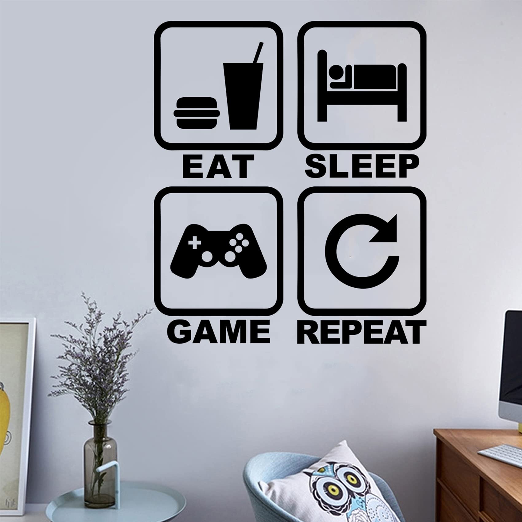 Eat Sleep Game Repeat Wall Decal, Gamer Wall Stickers Murals, Removable Vinyl Cute Controller Art Design Gamers World Wall Decor for Teen Kids Boys Playroom Home Bedroom Decoration Wallpaper