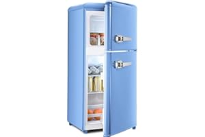 OOTDAY Retro Mini Refrigerator, 4 Cu. Ft. Small Fridge with Freezer, 2-Door Retro Compact Refrigerator with Adjustable Thermostat,Removable Shelves for Bedroom,Kitchen,Office,Dorm(Blue)