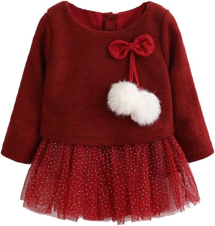 Drindf Girl Clothing Baby Girls Long Sleeve Knitted Bow Newborn Tutu Princess Flower Dress
