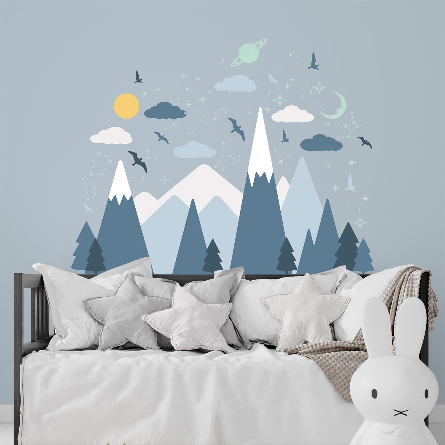 WALPLUS Blue Mountains Glowing Sky Wall Stickers for Kids Nursery, Bedroom Decor, Removable Vinyl Decals, 114x143cm