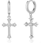 FEEL STYLE 14K Gold/White Gold Plated Drop Dangle Cross Earrings for Women Men, Hypoallergenic Dainty Lightweight Small Huggie Hoop Earring