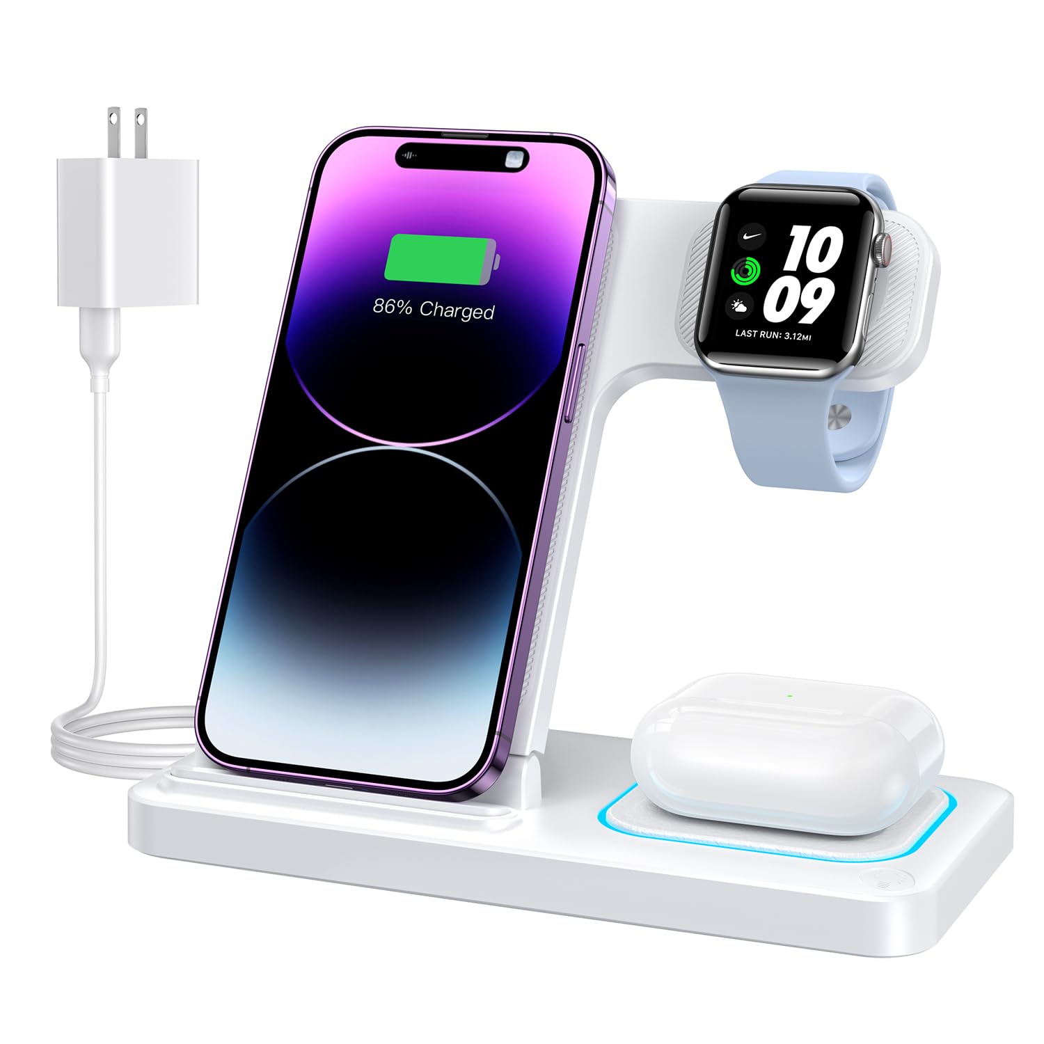 DUMTERR 3 in 1 Wireless Charger for iPhone 16/15/14/13/12/11/Pro/Max/XS, Wireless Charging Station for Apple Devices, Charging Stand for Apple Watch Series S10, for AirPods 4/3/2/Pro/Pro 2(White)