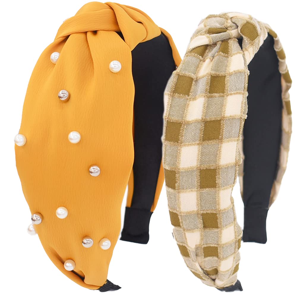 Wide Headbands for Women Fabric Hair Band Plain Knotted Headbands Elastic Hair Head Wrap Cute Fashion Top Knot Turban Cross Knot Headband Hair Accessories Pearl and Plaid