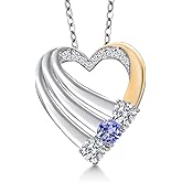 Gem Stone King 925 Silver and 10K Yellow Gold White Lab Grown Diamond and Blue Tanzanite Heart Pendant for Women | 0.94 Cttw | Gemstone April Birthstone | With 18 Inch Chain
