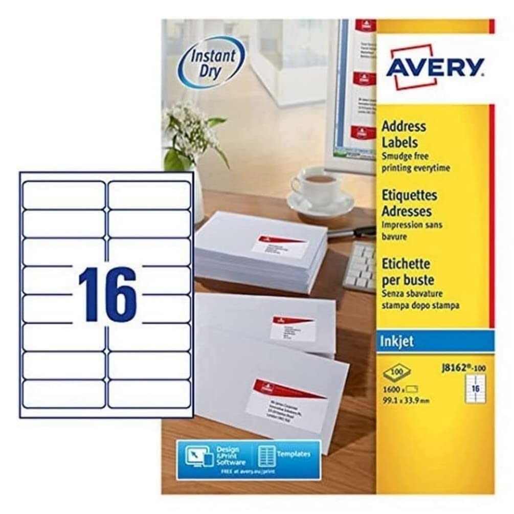 Avery Self Adhesive Address Mailing Labels, Inkjet Printers, 16 Labels Per A4 Sheet, 1600 labels, QuickDRY (J8162), white
