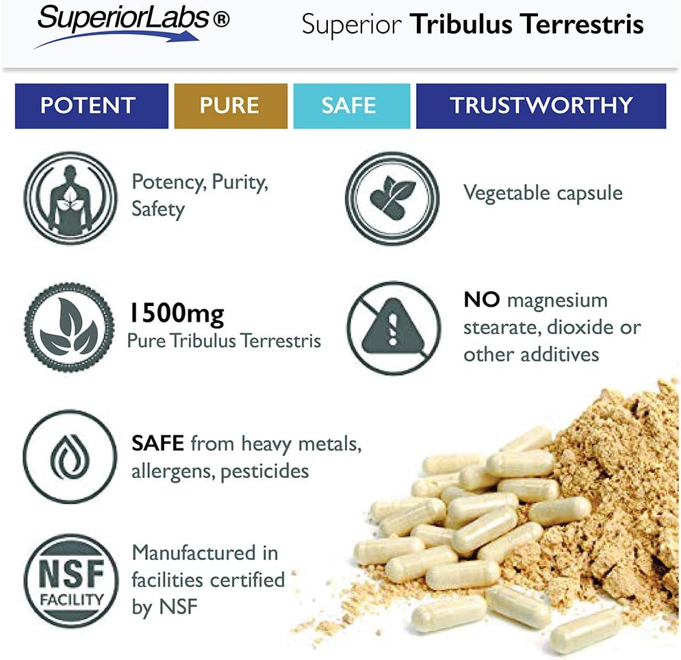 Superior Labs - Tribulus Terrestris - Testosterone Booster Cortisol Blocker with 45% Steroidal Saponins, 1500mg Dosage, 180 Vegetable Caps - Supports Vitality and Performance - with Added BioPerine®: Health & Personal Care
