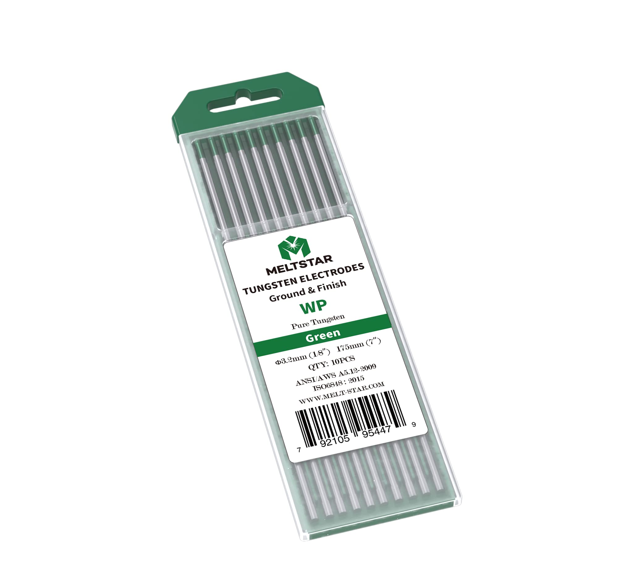 MELTSTAR WP20 Green Pure Tungsten TIG Tungsten Electrode Electrode Diameter 3.2 x 175 mm Pack of 12 Radiation-Free Professional Electrode for TIG Welding, Polishing and Grinding