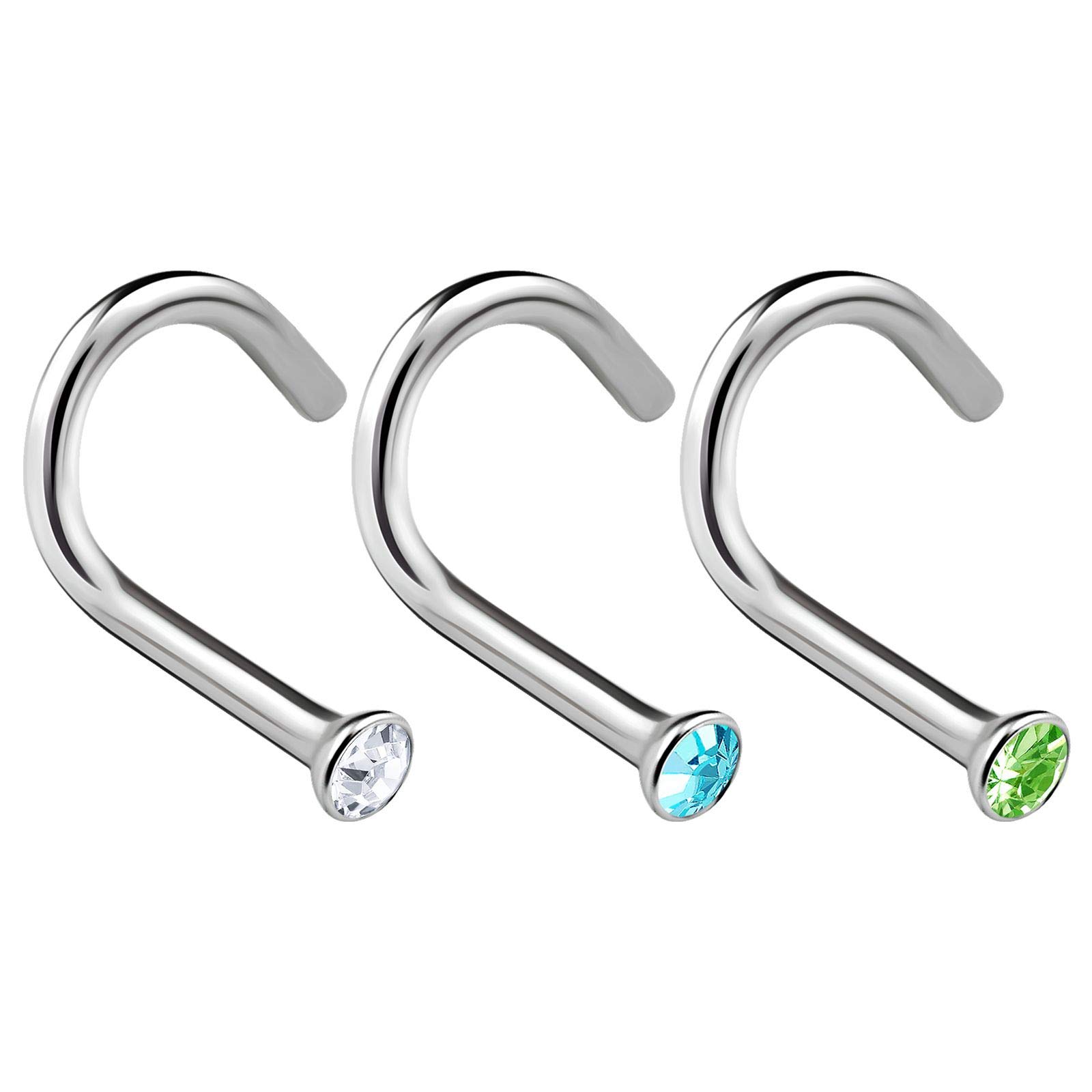 KJM FASHION 3 Pack 316L Stainless Steel Nose Screw 18 Gauge 7mm with Clear Aquamarine Crystal, Stainless Steel, Stainless Steel, Stainless Steel