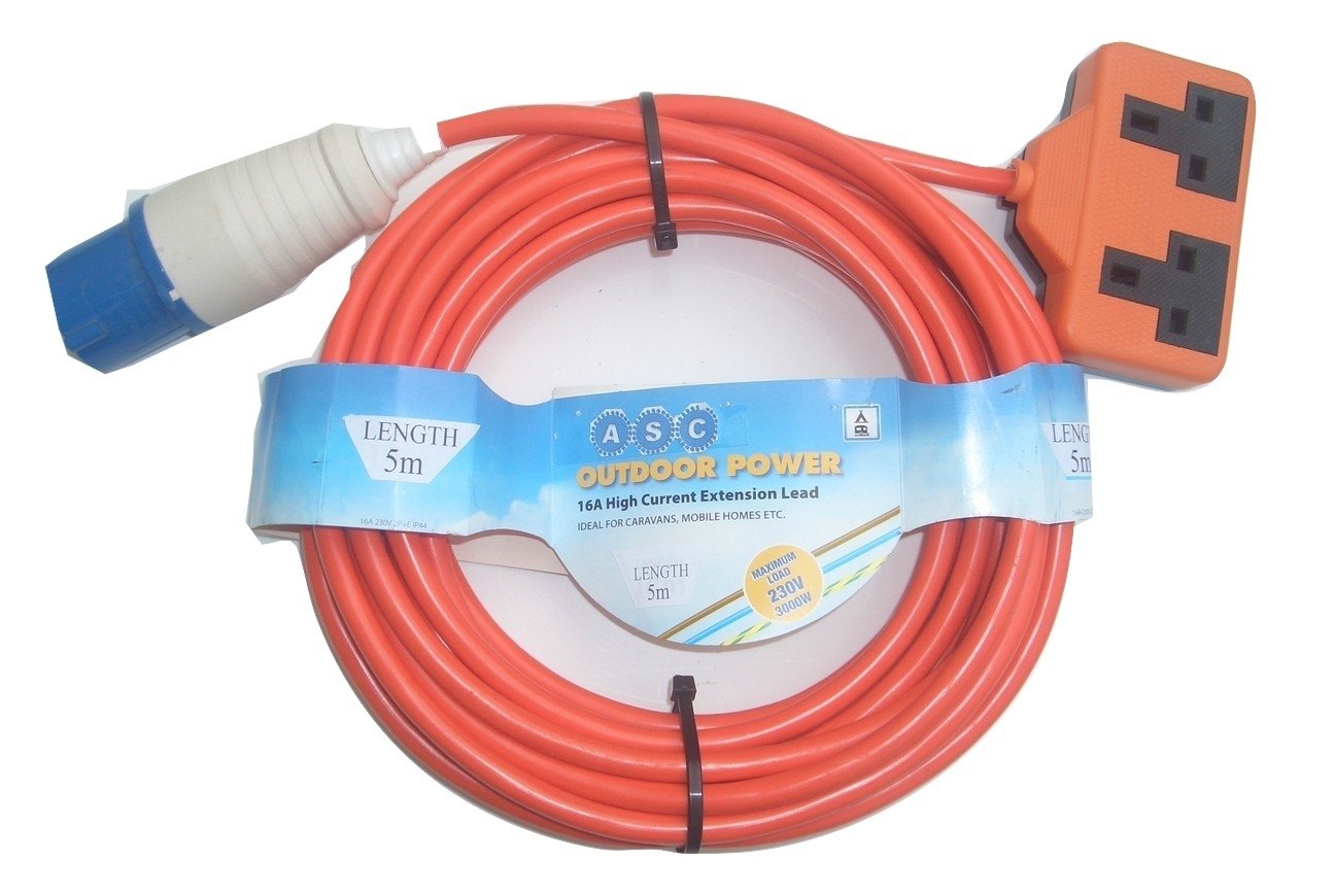 5 metres 16 A Ceeform Plug to 13 A Double Socket Arctic Caravan/Camping Mains Hook Up Cable - Orange