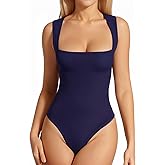 MANGOPOP Women's Square Neck Tank Top Bodysuit Sexy Double Lined Sleeveless Thong Body Suits Going Out Tops Blue Small
