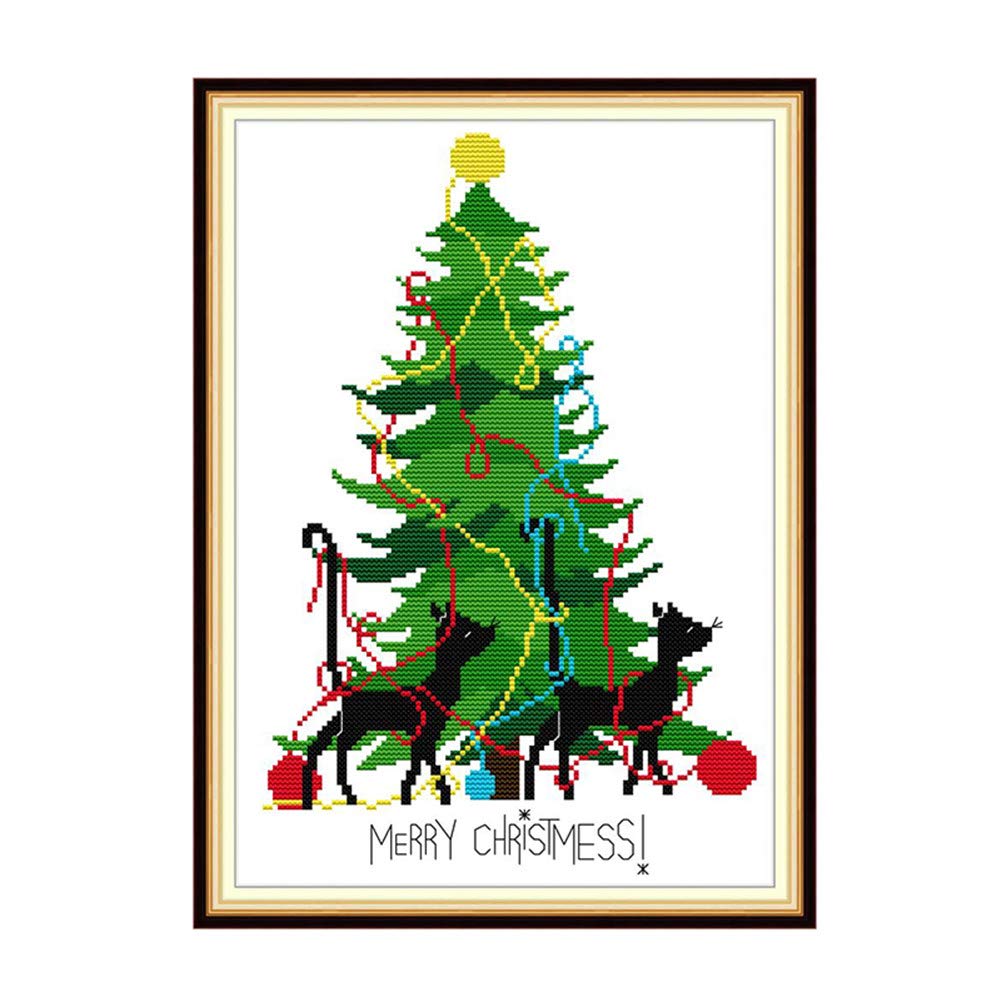 WOWDECOR Cross Stitch Embroidery Kits for Adults Kids, Merry Christmas Christmas Tree Cat 11CT Stamped DIY DMC Needlework Easy Beginners