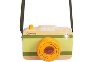 WOODENEDU Wooden Mini Pretend Camera Toy with Real Sounds and Light for Toddlers 3 Years Old, Neck Hanging Photographed Props for Boys Girls Children Kids