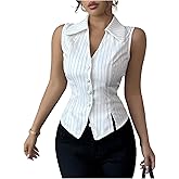 SweatyRocks Women's Sleeveless Button Down Shirts Striped V Neck Casual Collared Blouses Tank Tops