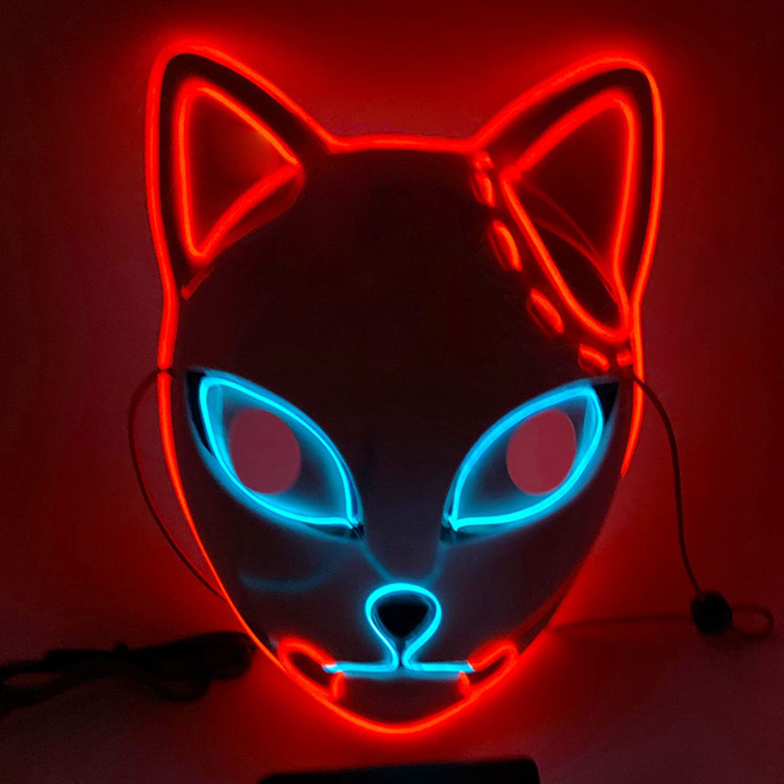 SINSEN Demon Slayer Fox Mask LED Cosplay Cat Mask Japanese Anime Halloween Costume Props for Adults (Red)