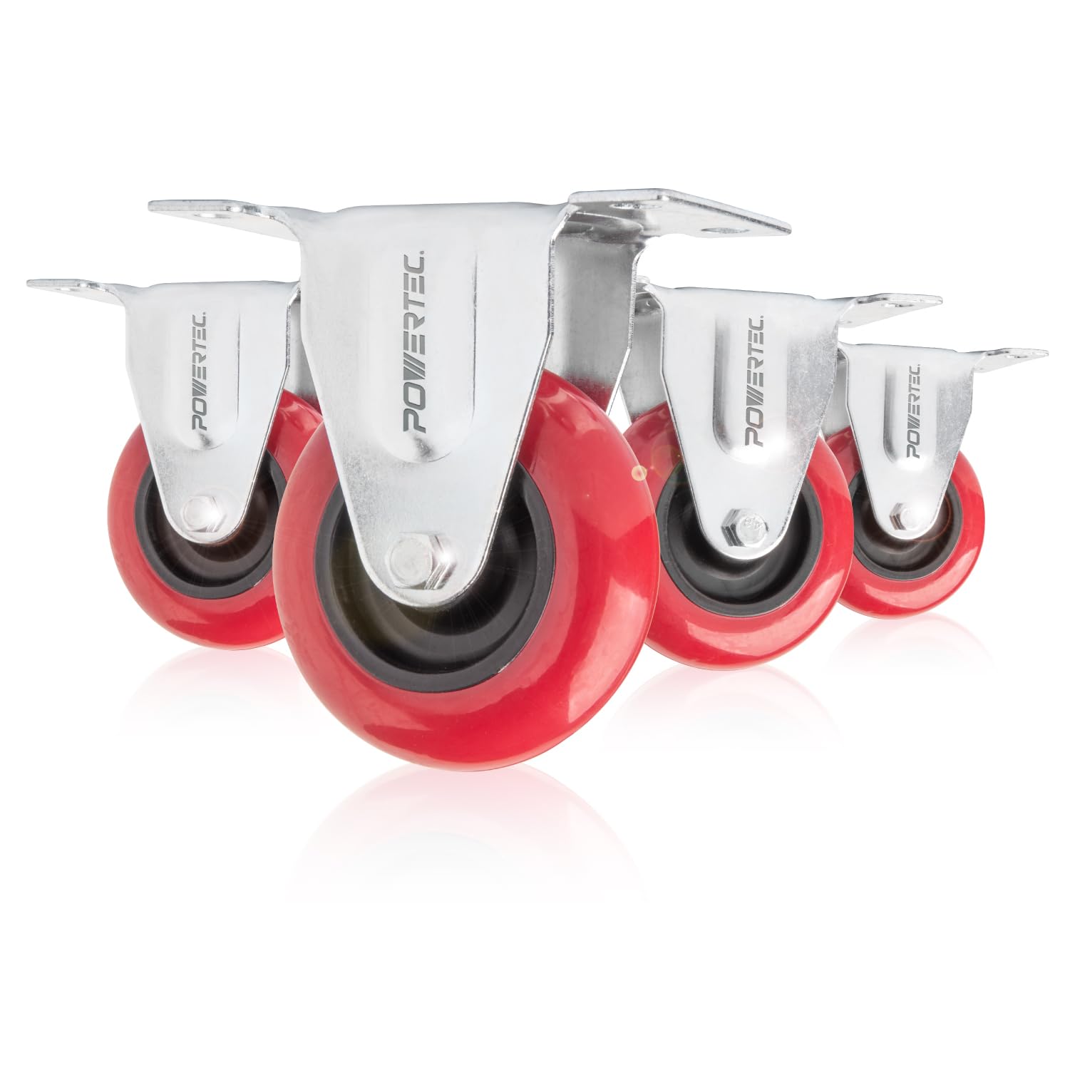 POWERTEC 17207 3-Inch Fixed Polyurethane Plate Caster, Red, 4-Pack 3 Inch Wheels, Multicolor