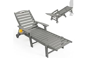 Ciokea Lounge Chair Outdoor, Oversized Chaise Lounge Chair with 5 Positions, HDPE, Patio Lounge Chair with Wheels & Cup Holder for Pool, Deck, Poolside, Grey