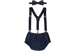 IBTOM CASTLE Baby Boys Cake Smash Outfit First Birthday Bloomers Bowtie Suspenders Clothes set
