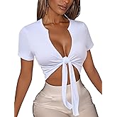 Women's Tie Front Crop Top V Neck Short Sleeve T Shirt Summer Casual Basic Slim Fit Tees